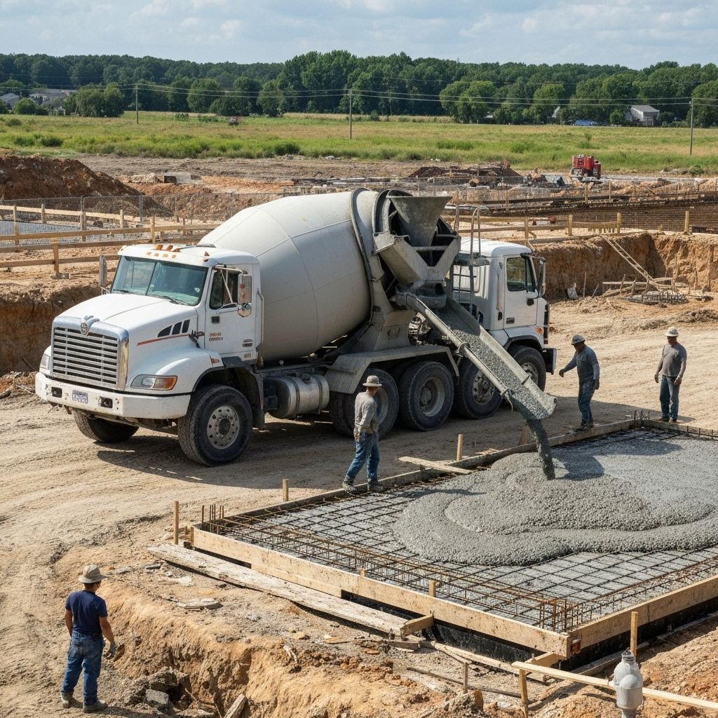 Caminhão betoneira entregando concreto